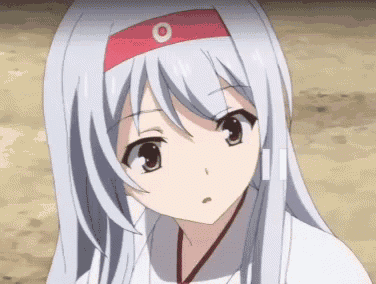 a close up of a anime girl with white hair and a red band around her head .