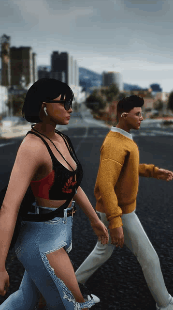 a man in a yellow sweater walks next to a woman in a black tank top