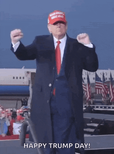 donald trump is wearing a maga hat and dancing