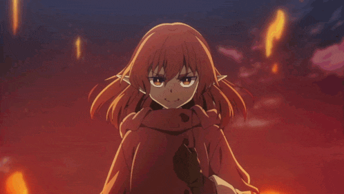 a girl with red hair and elf ears is in front of a fire