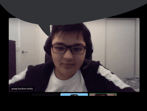 a young man wearing glasses and headphones is on a video call with the name peopy bumbum stinky visible