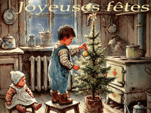 a painting of a boy decorating a christmas tree with the words joyeuses fetes written above him