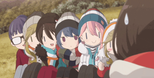 a group of anime characters are posing for a picture with a girl with a surprised look on her face