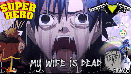 a poster for super hero pain shows a man screaming and says my wife is dead