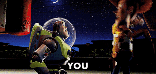 buzz lightyear and woody from toy story standing next to each other