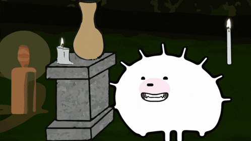 a cartoon drawing of a statue with a candle and a vase in the background
