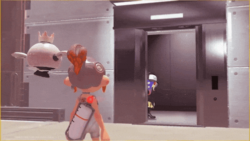 a cartoon character is standing in front of an open elevator