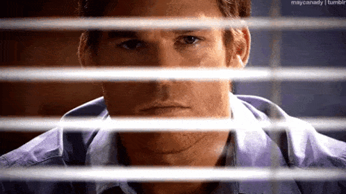 a close up of a man 's face behind blinds