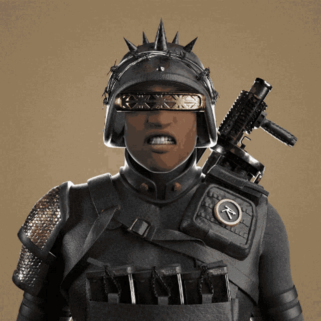 a 3d rendering of a man wearing a helmet with spikes and holding a gun