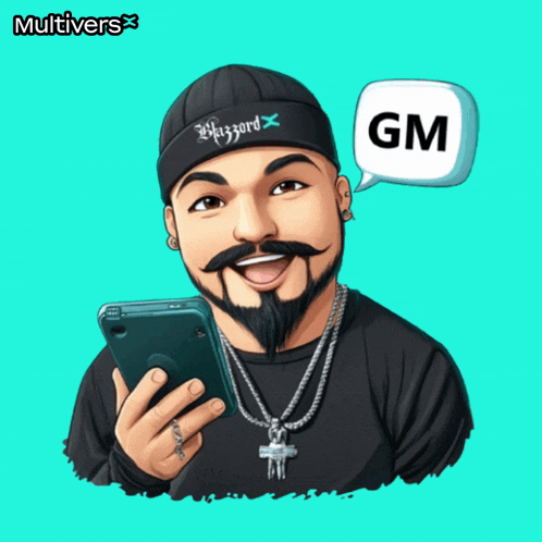 a cartoon of a man holding a cell phone with a gm speech bubble