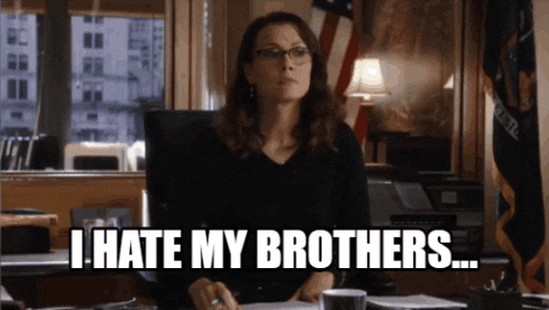 a woman sitting at a desk with the words " i hate my brothers " written on the screen
