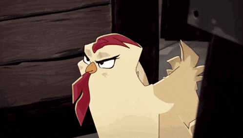 a cartoon chicken with a red feathered comb looks angry