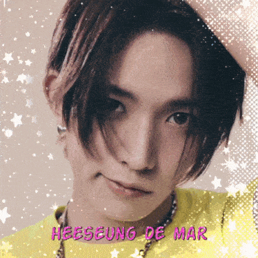 a picture of a young man with the name heesung de mar written in pink