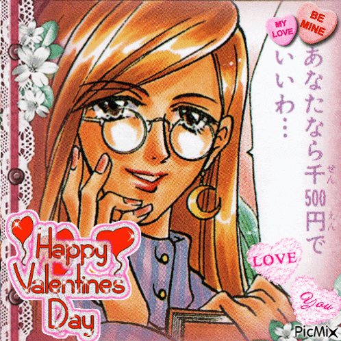 a happy valentine 's day card with a girl with glasses
