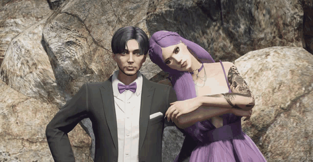 a man in a tuxedo and a woman in a purple dress are posing for a picture