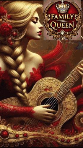 a painting of a woman holding a guitar with the words family queen on the bottom