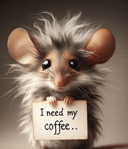 a mouse holds a sign that says i need my coffee