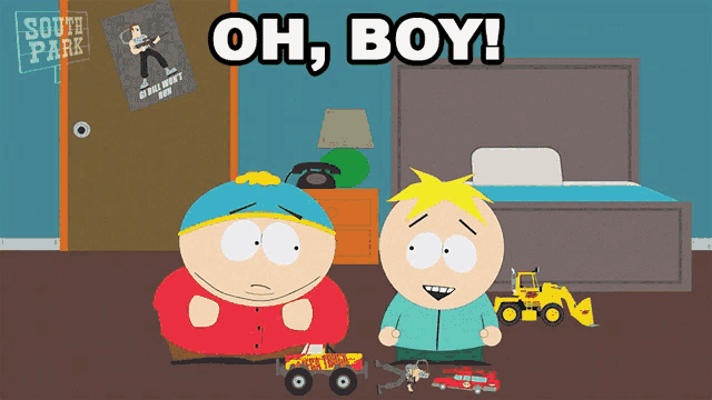 two south park characters are standing next to each other with the words oh boy above them