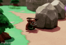 a video game character is standing next to a rock in a forest .