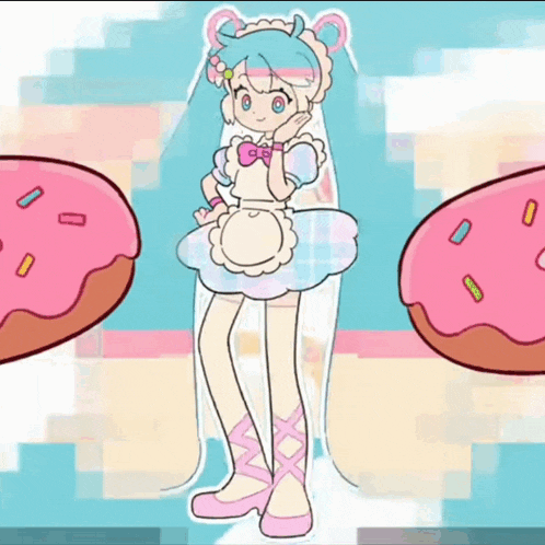 a girl in a maid outfit is standing next to a pink donut