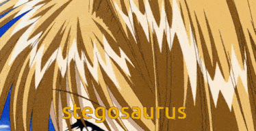 a close up of a person 's hair with the words stegosaurus written in yellow
