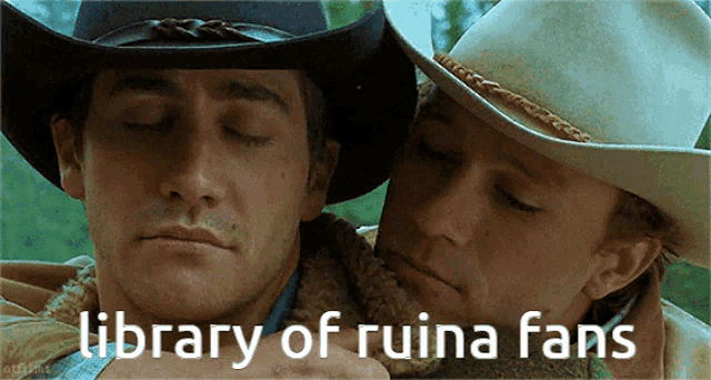 two men in cowboy hats are hugging with the words library of ruina fans above them