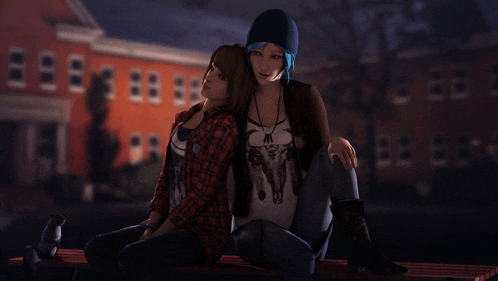 a couple of girls sitting on a bench with one wearing a shirt with a cow on it