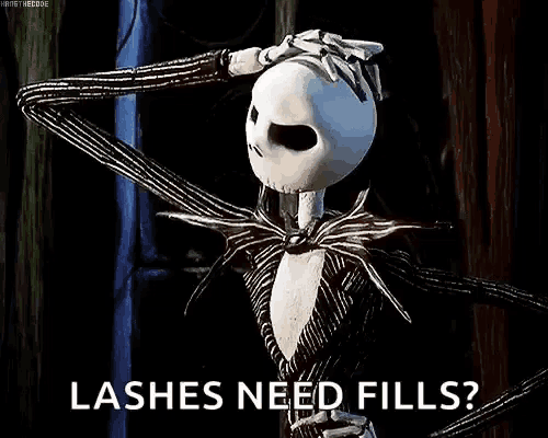 jack skellington from the nightmare before christmas is holding his head and says `` lashes need fills ? ''