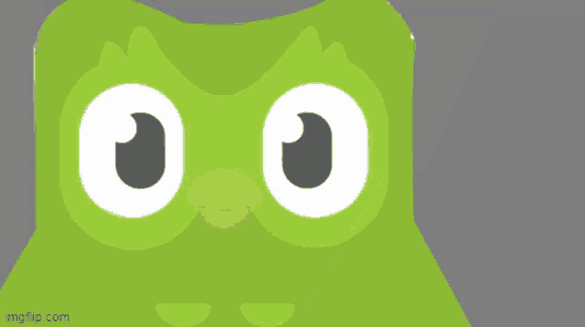 a green owl with white eyes and an orange beak is holding a white piece of paper