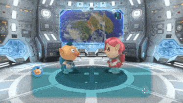 two cartoon characters are standing in front of a large screen with a map of the earth