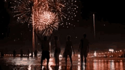 a group of people are standing in front of a firework display