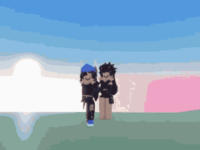 two roblox characters are standing next to each other on a hill