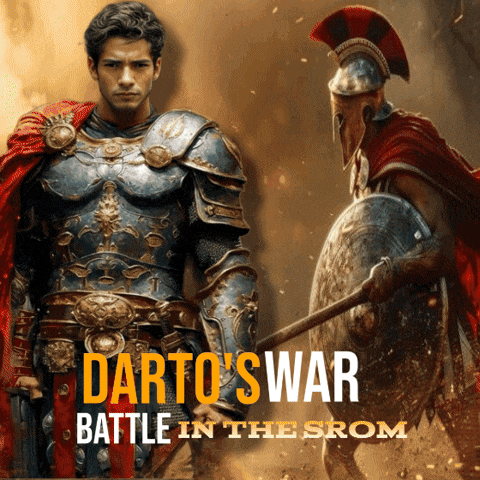 a poster for darto 's war battle in the srom features a man in armor