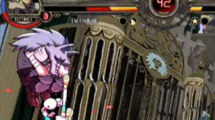 a cartoon character is fighting another character in a video game with a clock in the background .