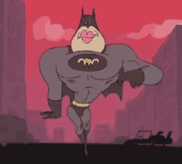 a cartoon of a batman flying through the air with a car in the background