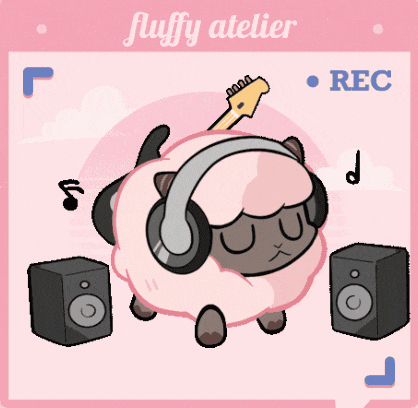 a cartoon of a sheep wearing headphones with the words fluffy atelier below it