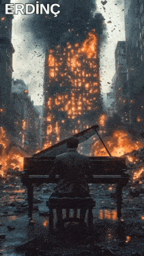 a man is playing a piano in front of a burning building with the word erding on the bottom
