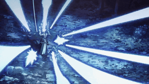 a painting of a person with a sword surrounded by blue lights