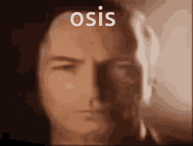a close up of a man 's face with the word osis on top of it