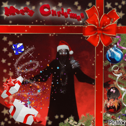 a picture of a man in a santa hat with the words merry christmas written above him