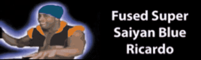 a picture of a man with a blue hat and the words fused super saiyan blue ricardo