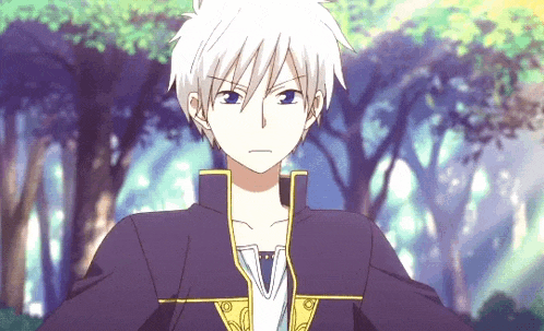 a boy with white hair is wearing a purple jacket and a white shirt