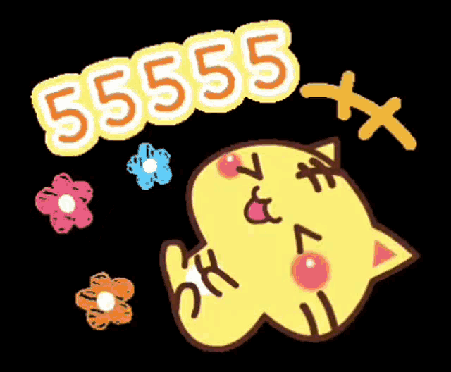 a drawing of a yellow cat with flowers and the number 55556 above it