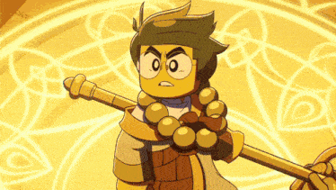a cartoon character is holding a stick with a circle in the background