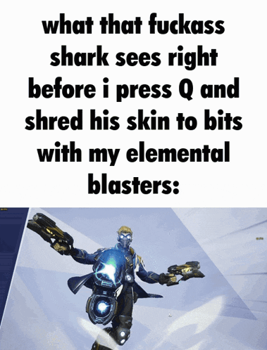 a screenshot of a video game character with the words what that fuckass shark sees right before i press q and shred his skin