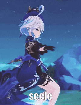 a girl in a blue dress is dancing in a video game with the word seele written on the bottom .