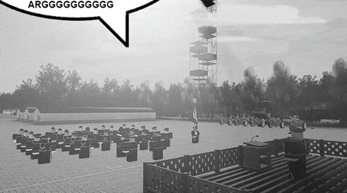 a black and white photo with a speech bubble that says arg g g g g g g