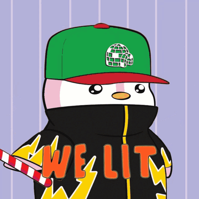 a penguin wearing a green hat and a jacket that says we lit on it