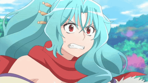 a girl with blue hair and red eyes is making a funny face
