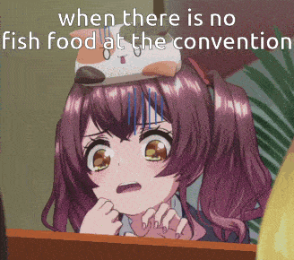 a picture of a girl with a cat on her head with the caption when there is no fish food at the convention